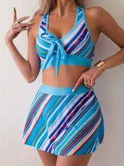 Women's Tankini Swimsuit Set, Random Print, Sexy Striped Cross Straps, Two-piece Swimsuit, Vacation Style