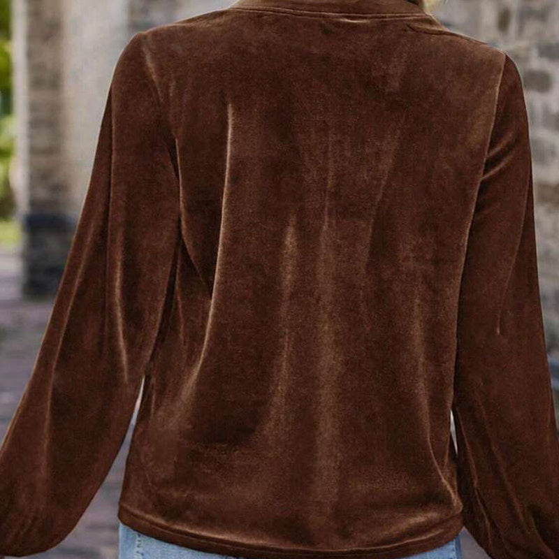 Women's Solid Color V-Neck Button Detail Long Sleeve Pullover Top Casual Elegant Office Blouse
