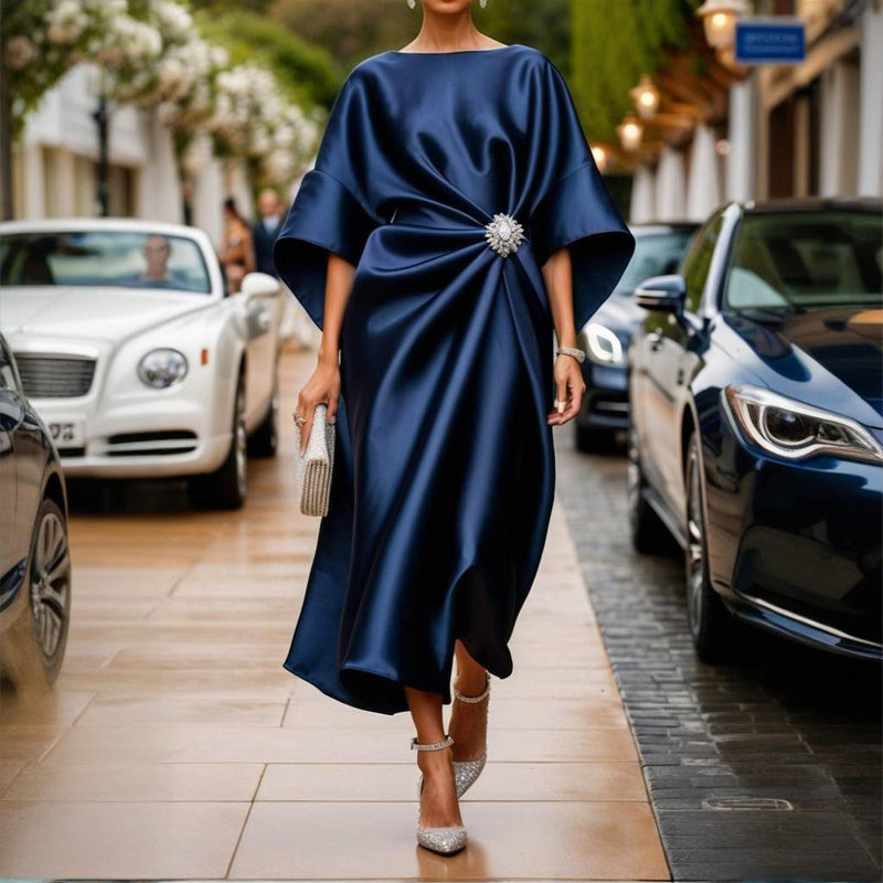 Women's Elegant Solid Color Round Neck Half Sleeve Dress With Waist Ruffles - Cocktail Party & Evening Gown