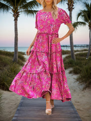 2025 New Summer Casual Bohemian Flower Dress Women's Bubble Short Sleeve Long Dress With Pocket