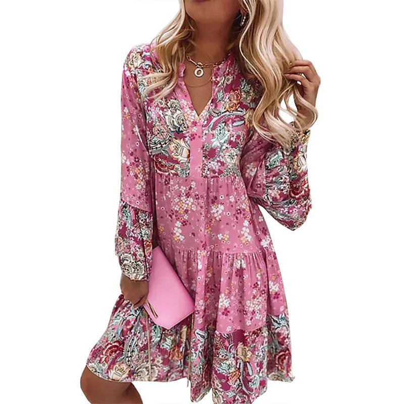 Plus Size Women's Round Neck Button Front Floral Print Dress - Spring Summer Patchwork Midi Dress