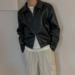 Cropped Leather Coat Male Polo Collar Top