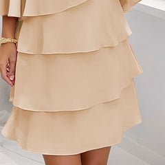 Women's Long Sleeve Crew Neck Tiered Layered Midi Dress , Asymmetrical Hem A-Line Short Elegant Party Dress