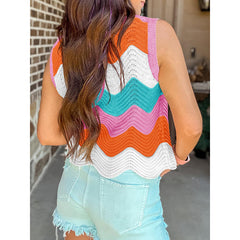 Womens Summer Rainbow Striped Sweater Vest Sleeveless Knit Crew Neck Color Block Going Out Cropped Tank Top