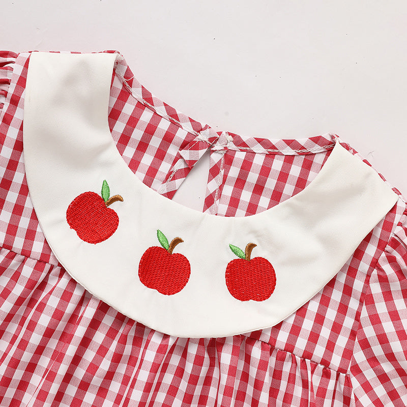 Toddler Kids Girls Back To School Dress Smocked Collar Puff Sleeve Plaid Embroidered Print Dress