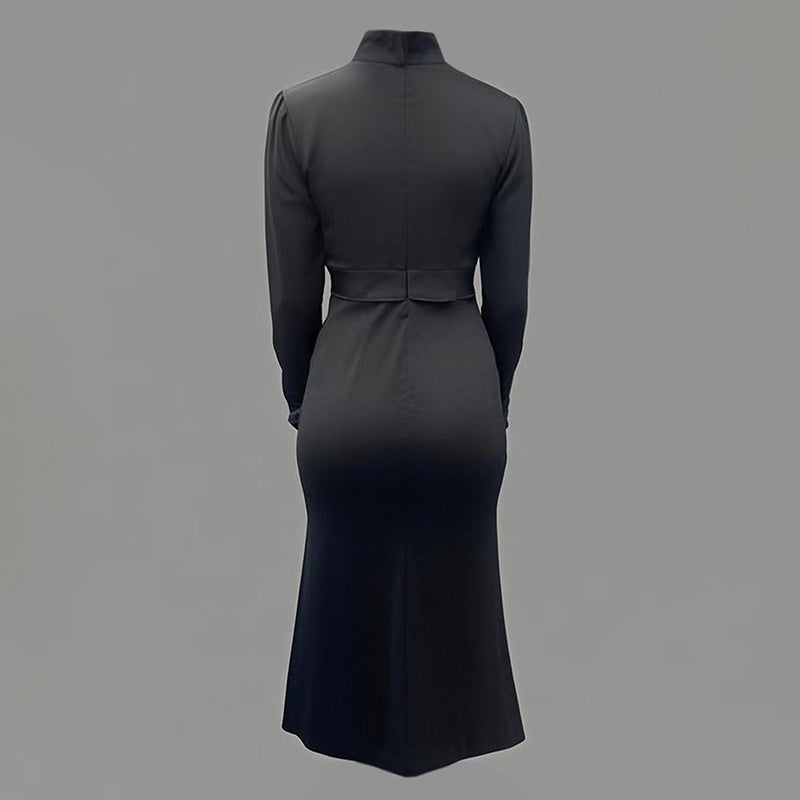 Women's Solid Color Long Sleeve Bodycon Elegant Button Midi Dress With Slit Spring Fall Fashion Bow Accent Dress