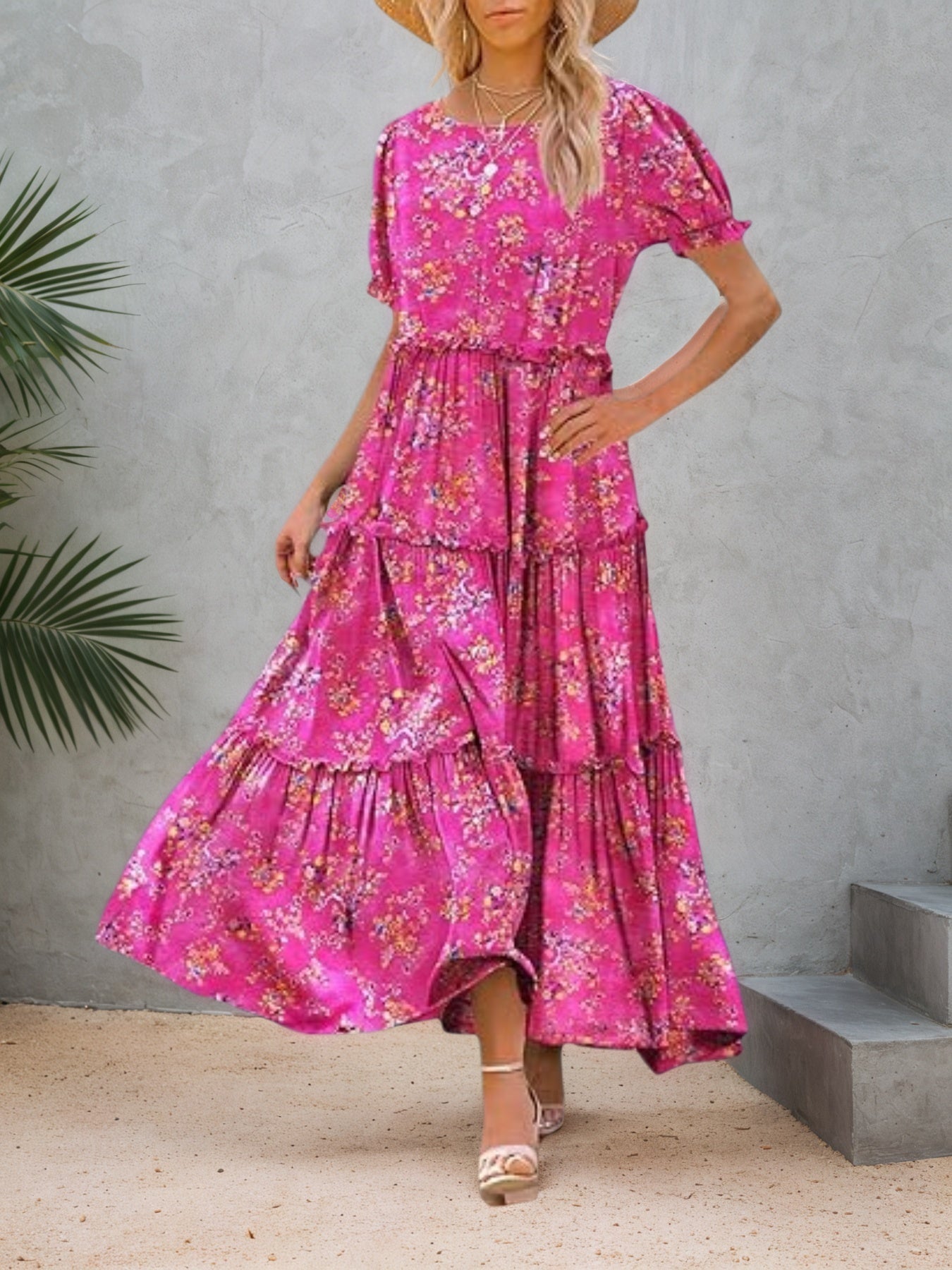 2025 New Summer Casual Bohemian Flower Dress Women's Bubble Short Sleeve Long Dress With Pocket