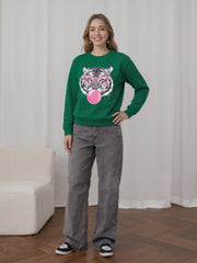 2025 New Women's Comfortable Green Tiger Bubble Gum Pattern Sports Shirt, Long Sleeve Hoodie, Perfect Choice For Autumn And Winter Fashion Women's Clothing