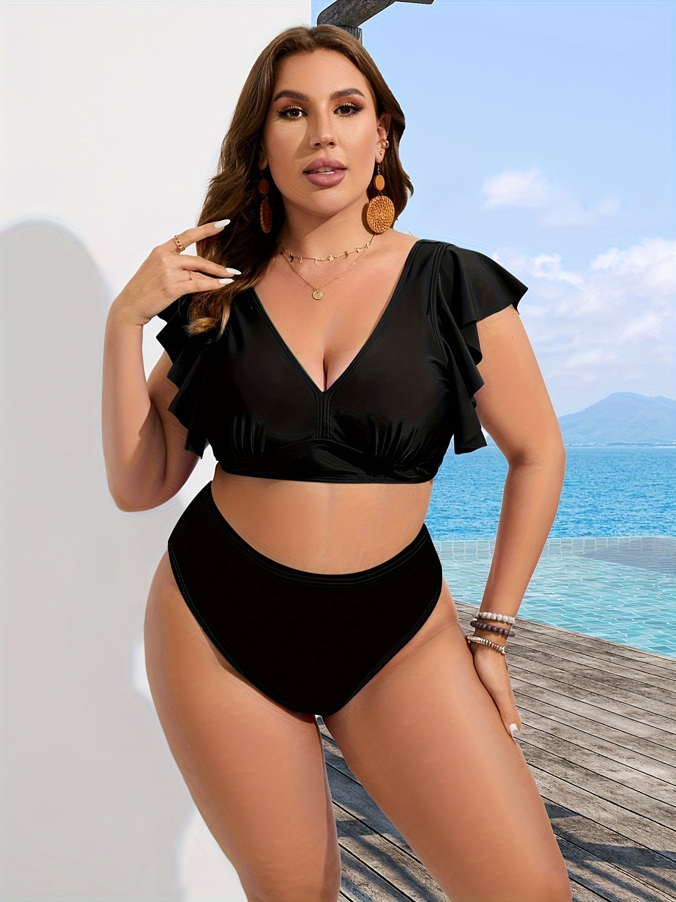 Women's Plus-size Bikini Set, Random Print, Sexy Backless V-neck, Solid Color Lotus Leaf Edge Two-piece Swimsuit, Vacation Style