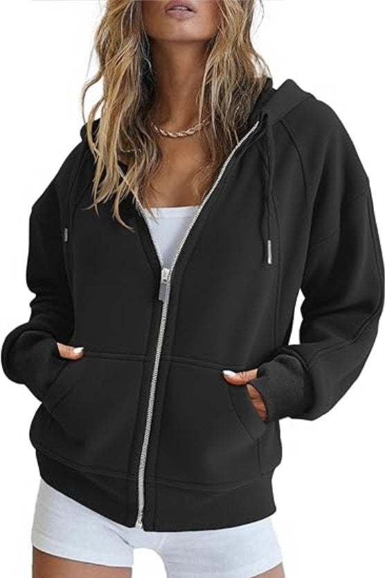 Fisoew Womens Zip Up Sweatshirts Fleece Lined Collar Crop Hoodie Casual Cotton Long Sleeve Tops With Thumb Hole