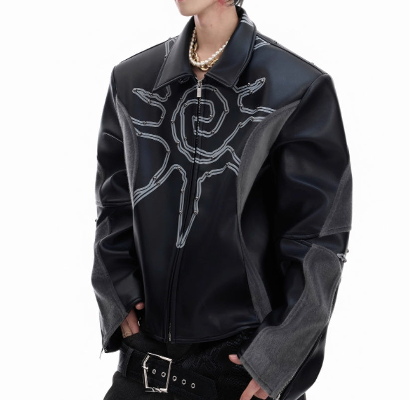 Deconstructing Horse Hair Stitching Jacket Rivet Totem Leather Coat Men