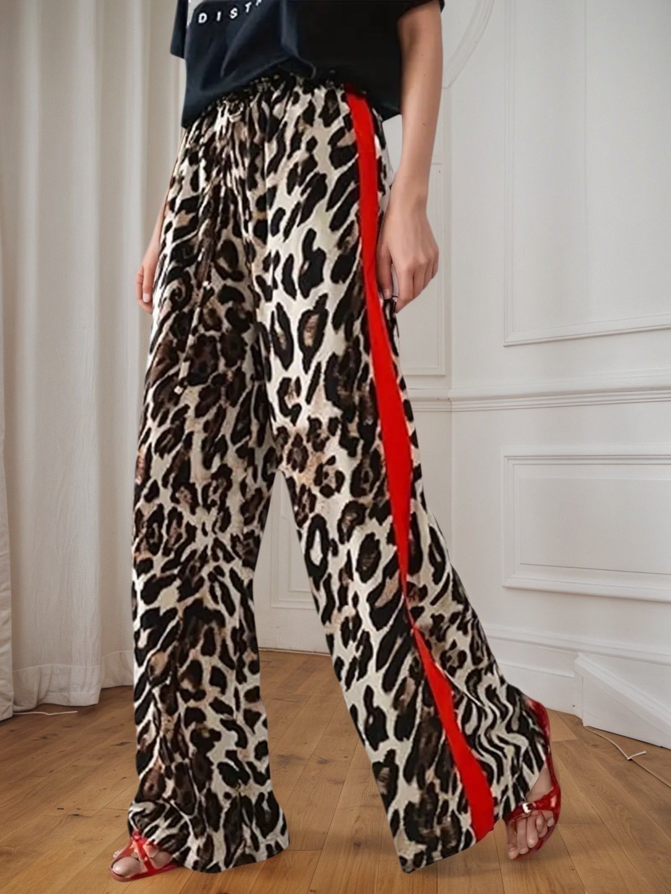 2025 New Women's Casual Pants With Drawstring Leopard Print Color Blocking Side Stripes Straight Leg Wide Leg Loose Pants Comfortable And Skin Friendly