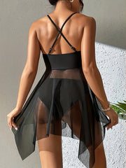 Women's Fashionable Tankini Set - Sexy Solid-color Mesh Cross-string Swimsuit.