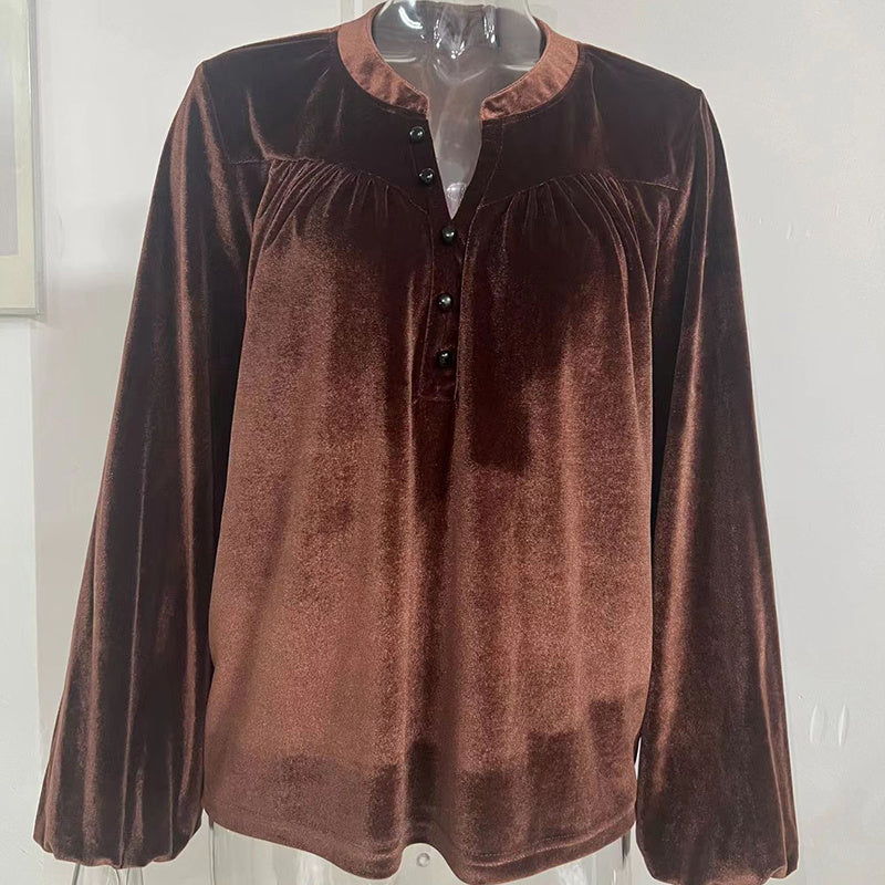 Women's Solid Color V-Neck Button Detail Long Sleeve Pullover Top Casual Elegant Office Blouse