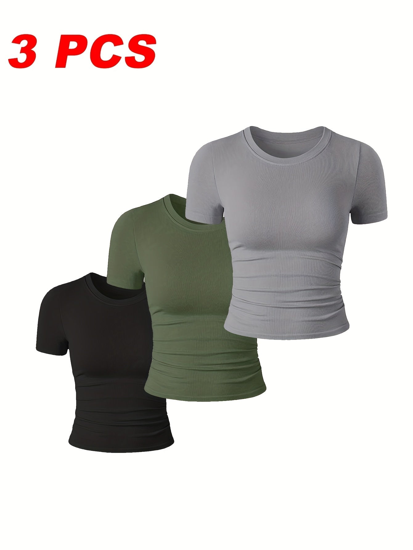 3 Packs Womens' Stretchy Ribbed High Neck Short Sleeve Gym Workout Slim Fitted Casual Full Length Top T-Shirt Perfect For Both Workouts And Casual Outings.